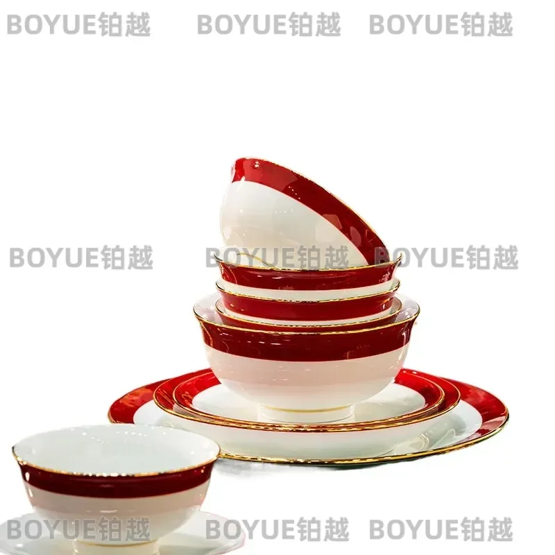 Jingdezhen High Temperature White Porcelain Dinnerware Set Chinese Ceramic Plates Bowls Chopsticks Red Gold Luxury Tableware
