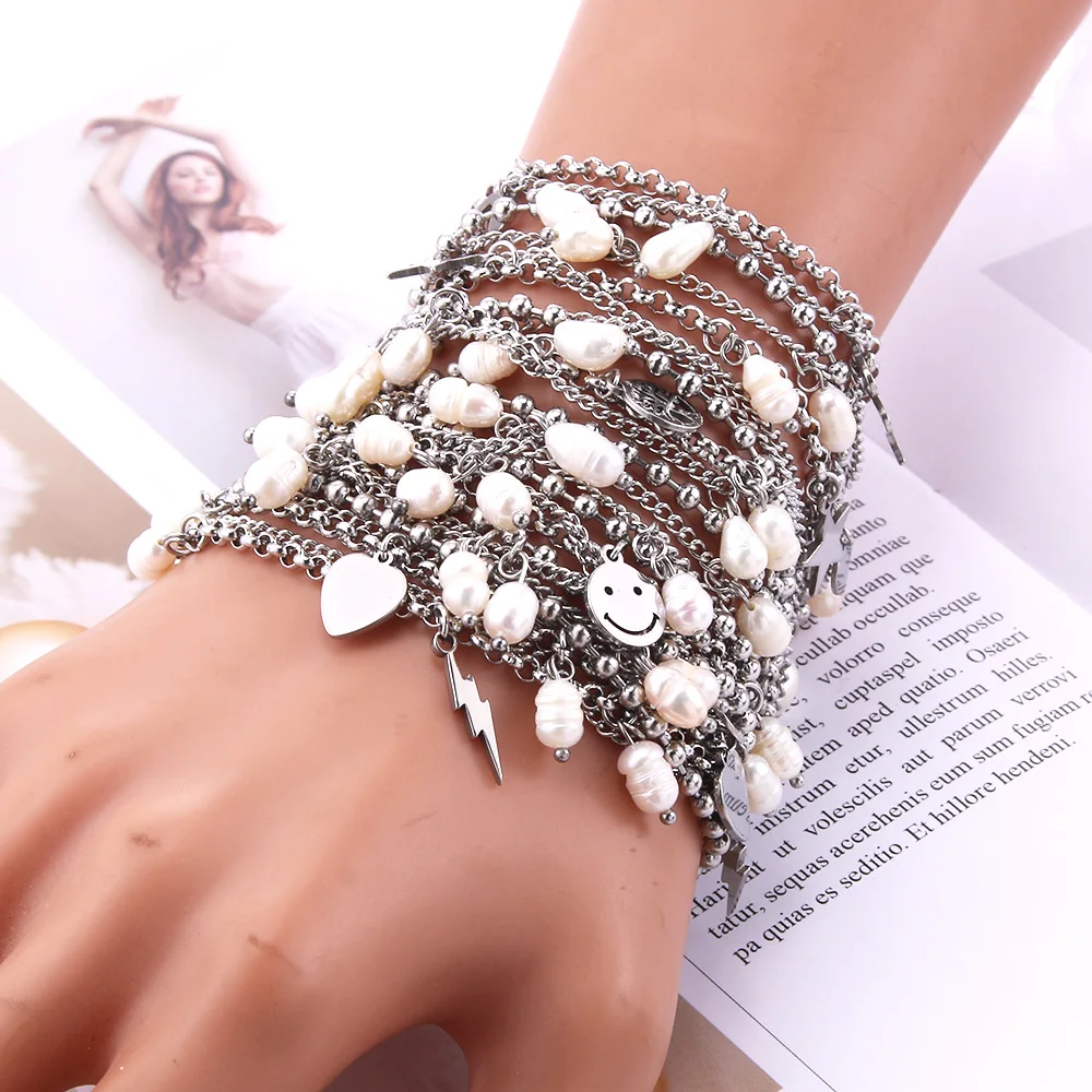 6Pcs/Lot Mixed Stainless Steel Women's Charm Bracelet 18cm+5cm Adjustable Bracelet Pearl Accessories Fashion Jewelry Gift