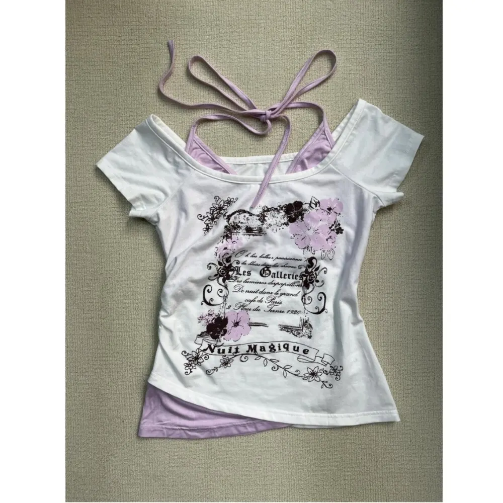 Y2k Millenial Retro Halter T-Shirt Fake Two Retro Letter Flower Print Sexy Slim Top Fake Two Design Sense Top Women