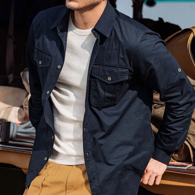 Frühling Baumwolle Cargo-Shirt für Männer Langarm Multi-Pocket-Shirts Outdoor-Freizeit kleidung hochwertige Cargo-Overs hirt