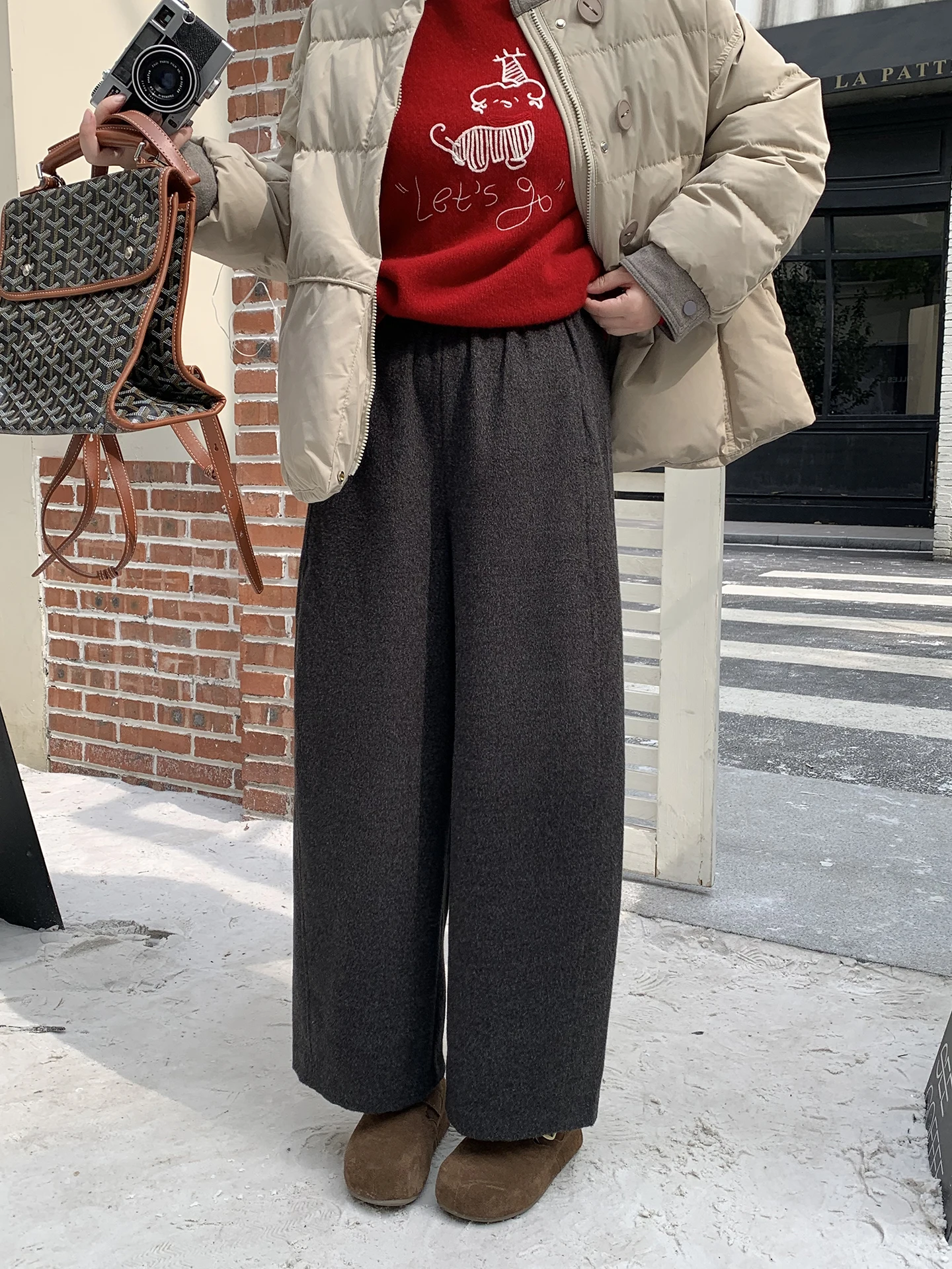 

ELINSU High Waist Slimming Woolen Straight Leg Pants Women's Loose Casual Wide Leg Pants ey Tapered Nine-Piece Pants