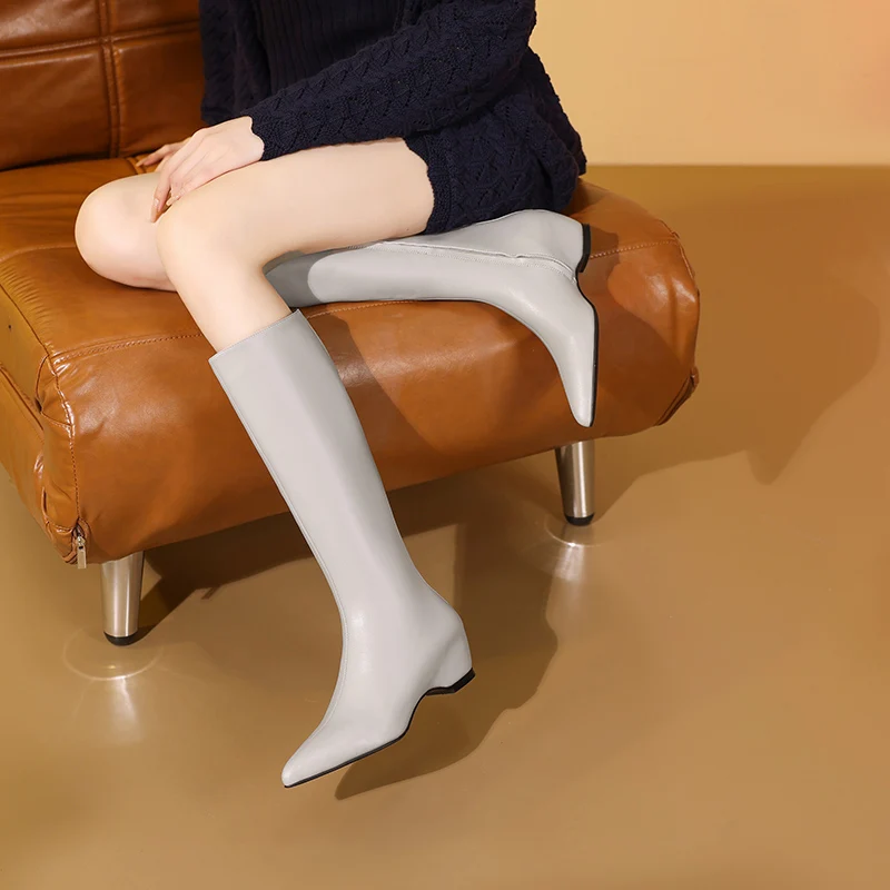 QUTAA 2026 News Fashion Winter Women Knee High Boots Cow Leather Pointed Toe Woman Shoes High Heels Motorcycle Long Boots 34-42