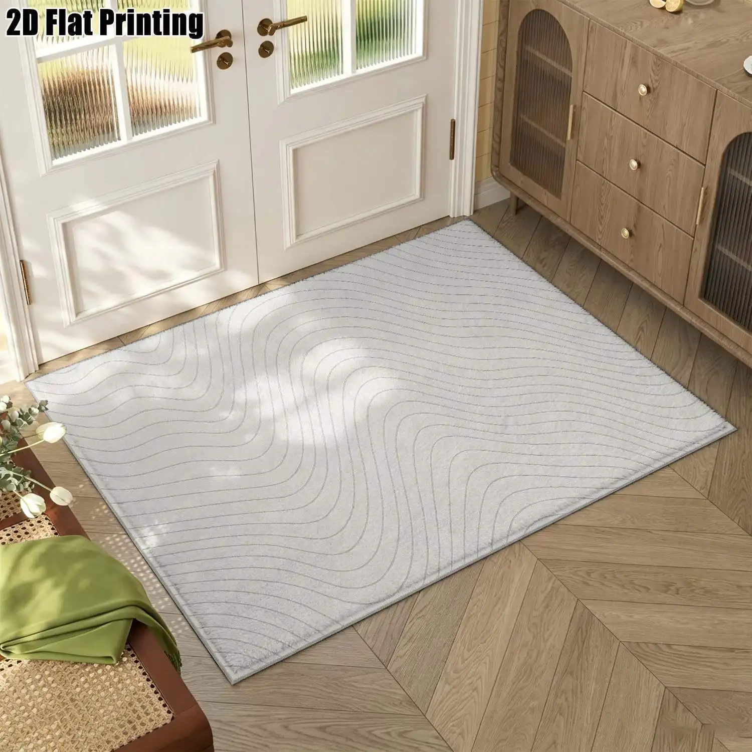 1Pc 2D Printed Carpet with White Line Geometric Patterns: Nordic, Modern Minimalist, European Style, Machine Washable, Multi-Size, Ideal for Home Decor & Various Scenes