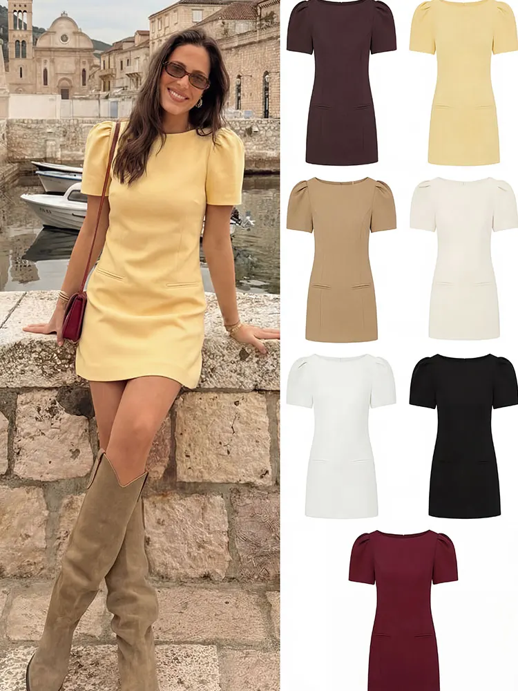 Women Puff Sleeve Mini Shift Dress O Neck Pocket Detail A-Line Short Dress for Women Office Casual Daily Wear