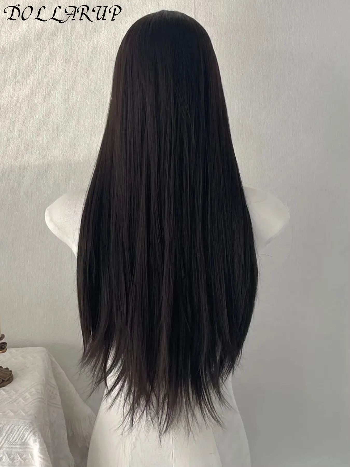 JKL شعر مستعار أسود للنساء شعر طويل مستقيم عقال شعر مستعار أمامي تأثيري مزاجه للاستخدام اليومي لوليتا الأسود بيروكات صناعية #6