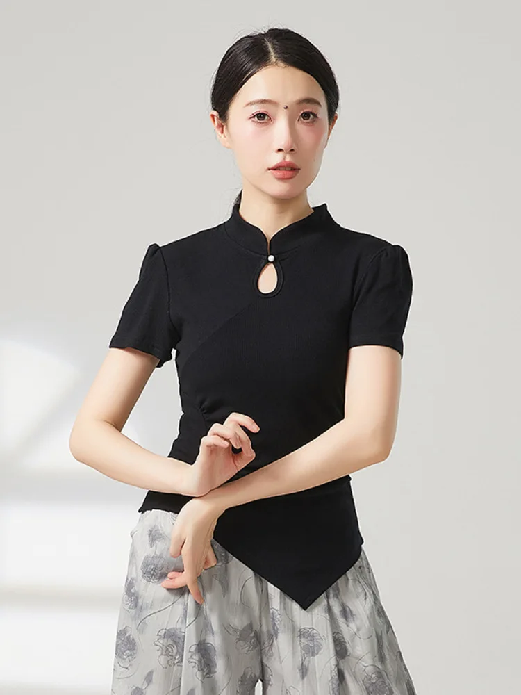 

Recreational Dancing 2025 Summer Classical Dance Dress New Chinese T-shirt Stand Up Collar Hollow Top Asymmetric Short Sleeve