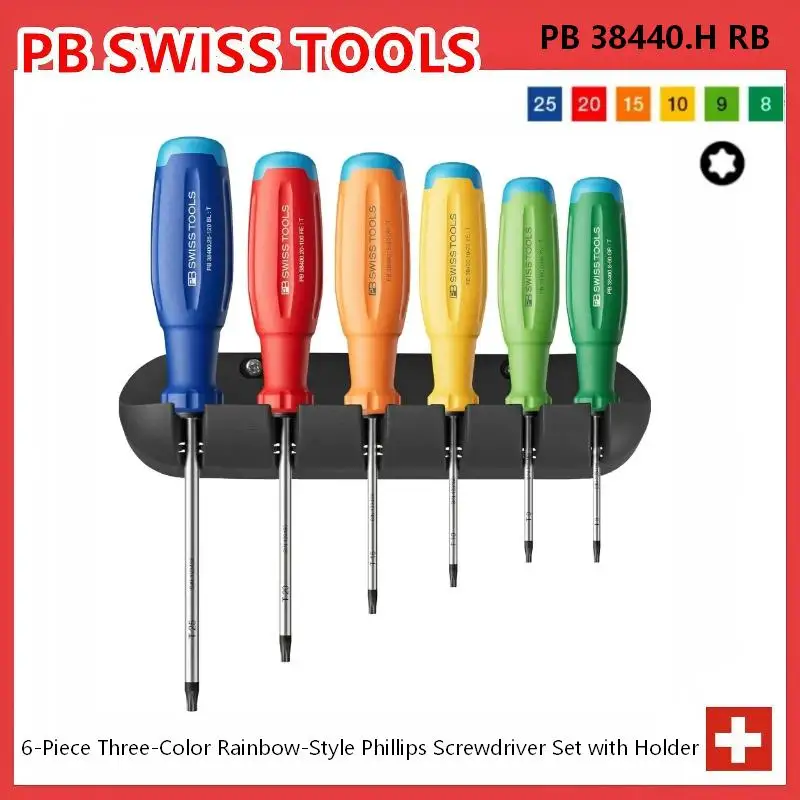 PB Swiss Tools 38440.H RB 6Pcs Rainbow Torx Screwdriver SwissGrip Evo Color Coded Wall Mount Industrial Tools