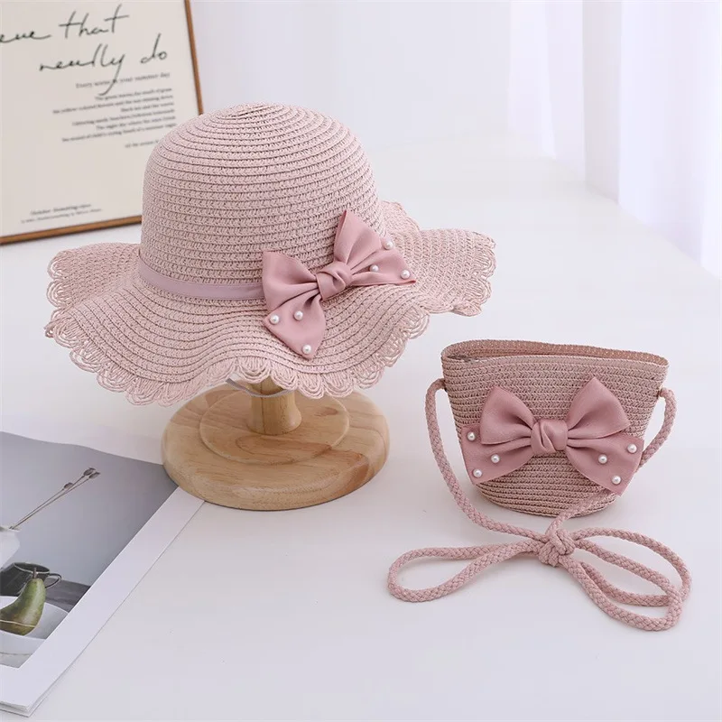 3-8 years Little Girl Beach Straw Hat And Bag 2pcs Set Summer Travel Princess Bowknot Children's Sun Cap