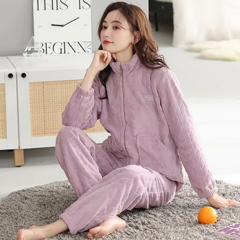 2024 New Autumn Winter Coral Velvet Pajamas Women Warm Thickened Sleepwear High Neck Zipper Double Fleece Flannel Loungewear Set