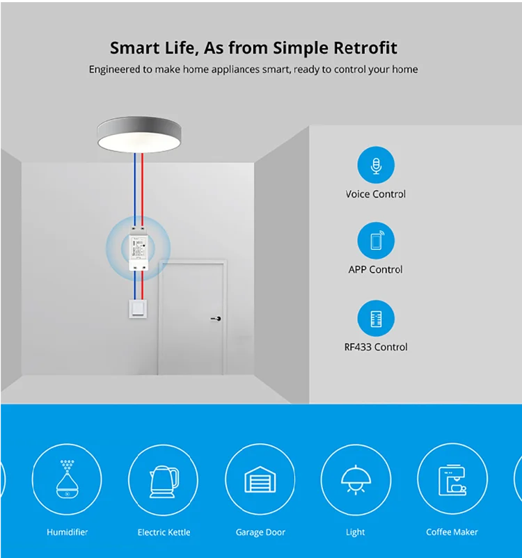 SONOFF-interruptor inteligente RF R2 con WiFi, dispositivo inalámbrico con Control RF de 433MHz, temporizador de voz, a través de la aplicación