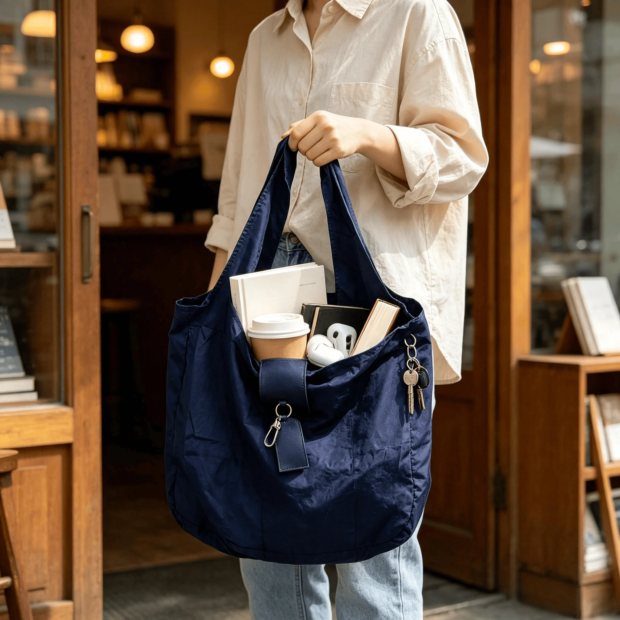 Faltbare Nylon-Tragetasche mit Schlüsselanhänger, Große Kapazität, Wiederverwendbare Einkaufstasche, Tragbare Schulterhandtasche für den täglichen Einkauf und Reisen – Detail 18