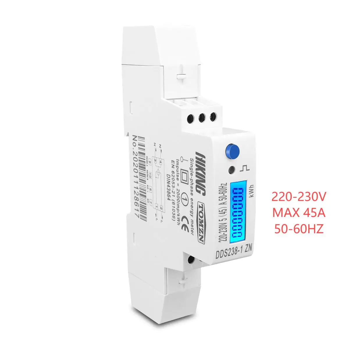 TOMZN 5(45)A 45A MAX 110V 220V 50-60HZ voltage current single phase Din rail KWH Watt hour energy meter with RS485 MODBUS-RUT