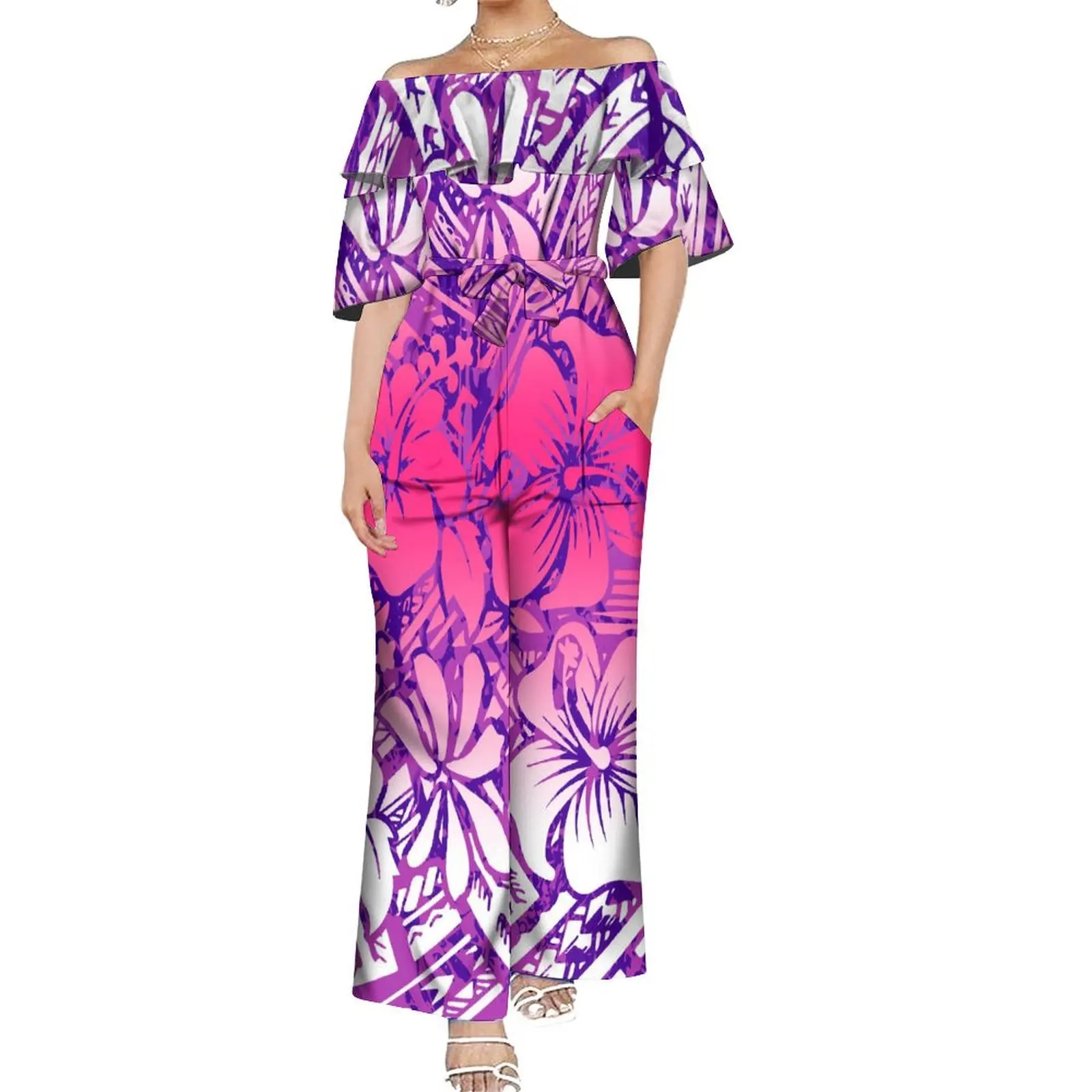 

Summer Ethos Women'S Samoan Elegant Jumpsuit Tailored Vintage Polynesian Print Lotus Leaf Off-The-Shoulder Wide-Leg Pants