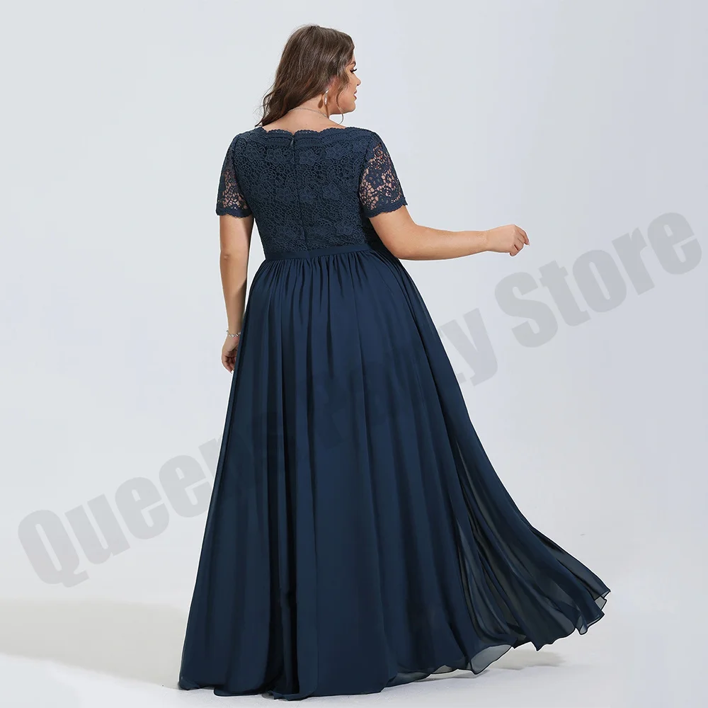 Robe de mère de la mariée bleu marine, grande taille, manches courtes, col en V, dentelle, mousseline de soie, longueur au sol, ligne A, robe de soirée d'invité de mariage