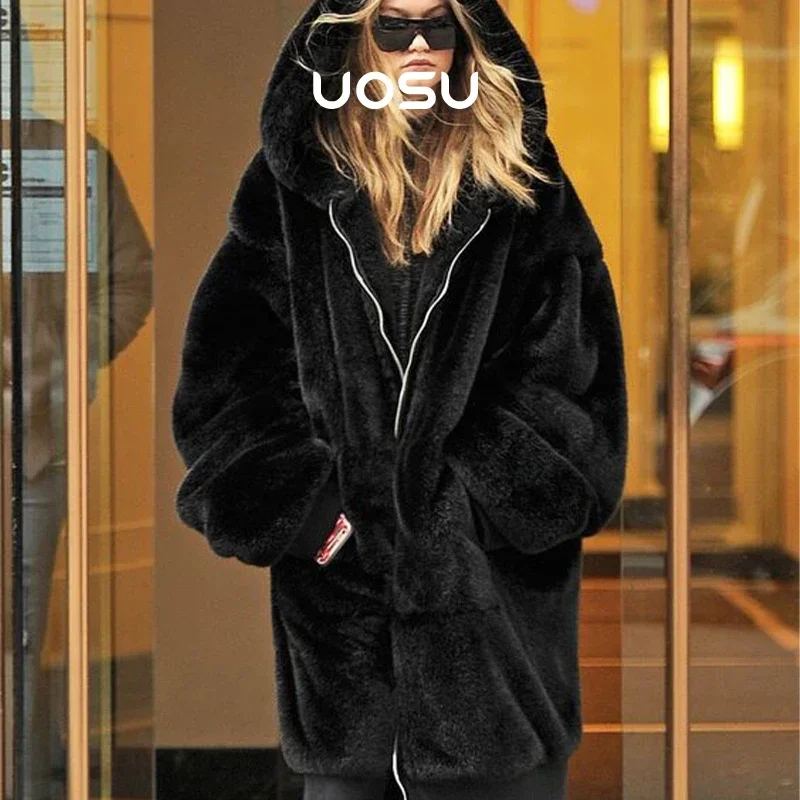 

Luxury Brand Long Faux Fur Coat Women Jacket 2023 Winter Fashion Runaway Zip Hooded Thick Warm Sporty Rabbit Fur Plush Overcoats