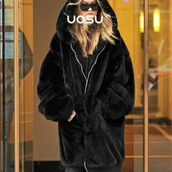 Luxury Brand Long Faux Fur Coat Women Jacket 2023 Winter Fashion Runaway Zip Hooded Thick Warm Sporty Rabbit Fur Plush Overcoats