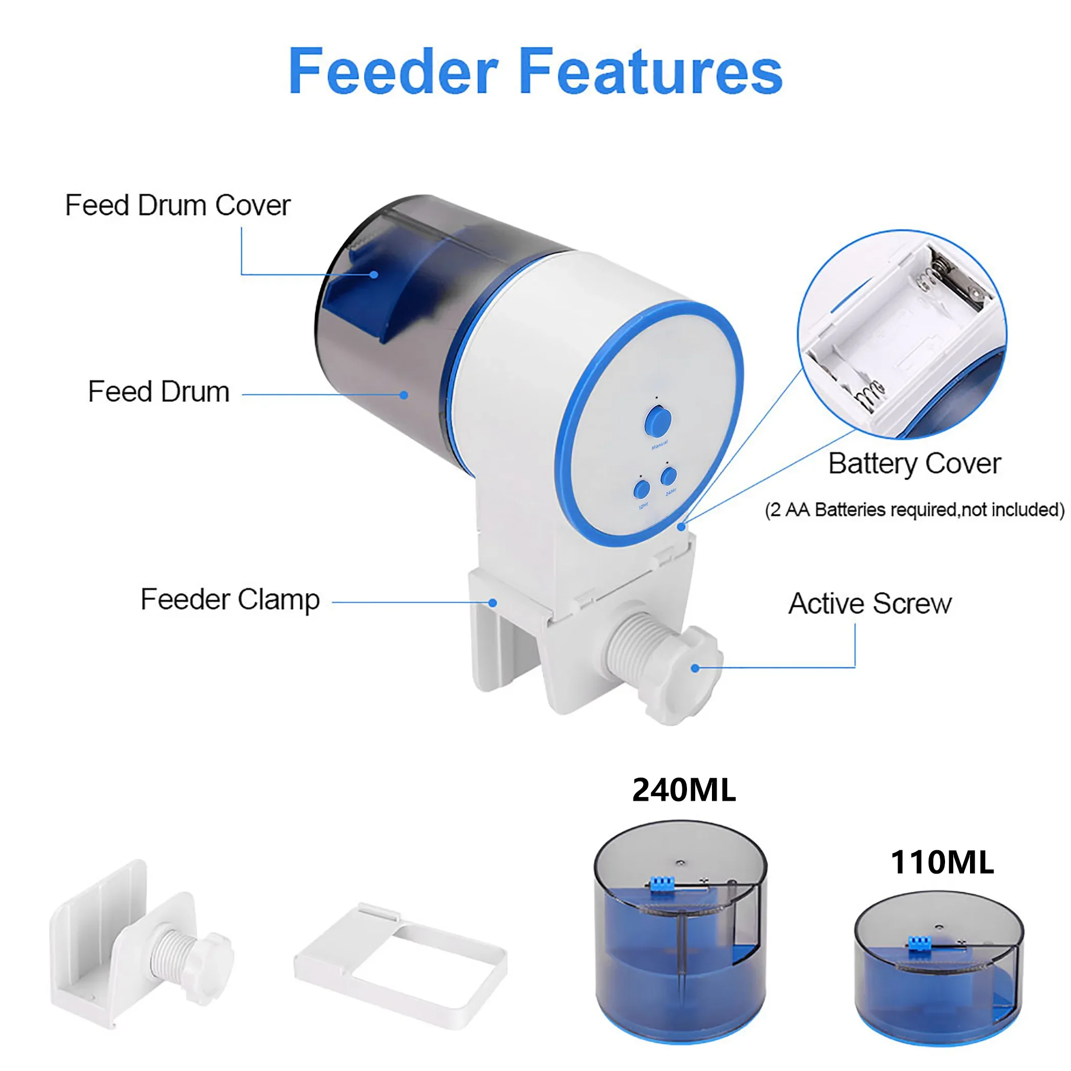 Aquarium Fish Tank Auto Fish Food Dispenser (2AA Battery Not Include), Automatic Feeder with 110ml & 240ml Capacity Food Bucket