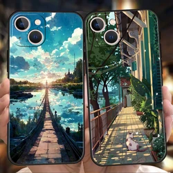 Japan Anime Landscape Luxury Phone Case For iPhone 11 12 13 14 15 16 Pro Max Mini X XR XS 7 8 Plus SE Silicone Cover Black Funda