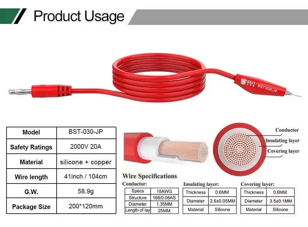 BST-030-JP 2000V 20A Superkonduktor Klip Buaya Uji Timbal Buaya Klip Lab Kabel Uji dengan Silikon Lembut untuk Multimeter
