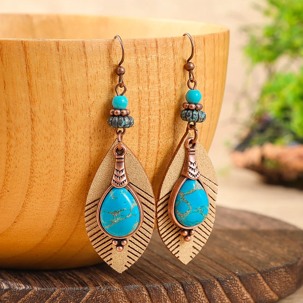 Vintage Bohemian Brown Geometric Leaf Earrings for Women Creative Ethnic Wooden Alloy Drop Earrings Female Vacation Jewelry