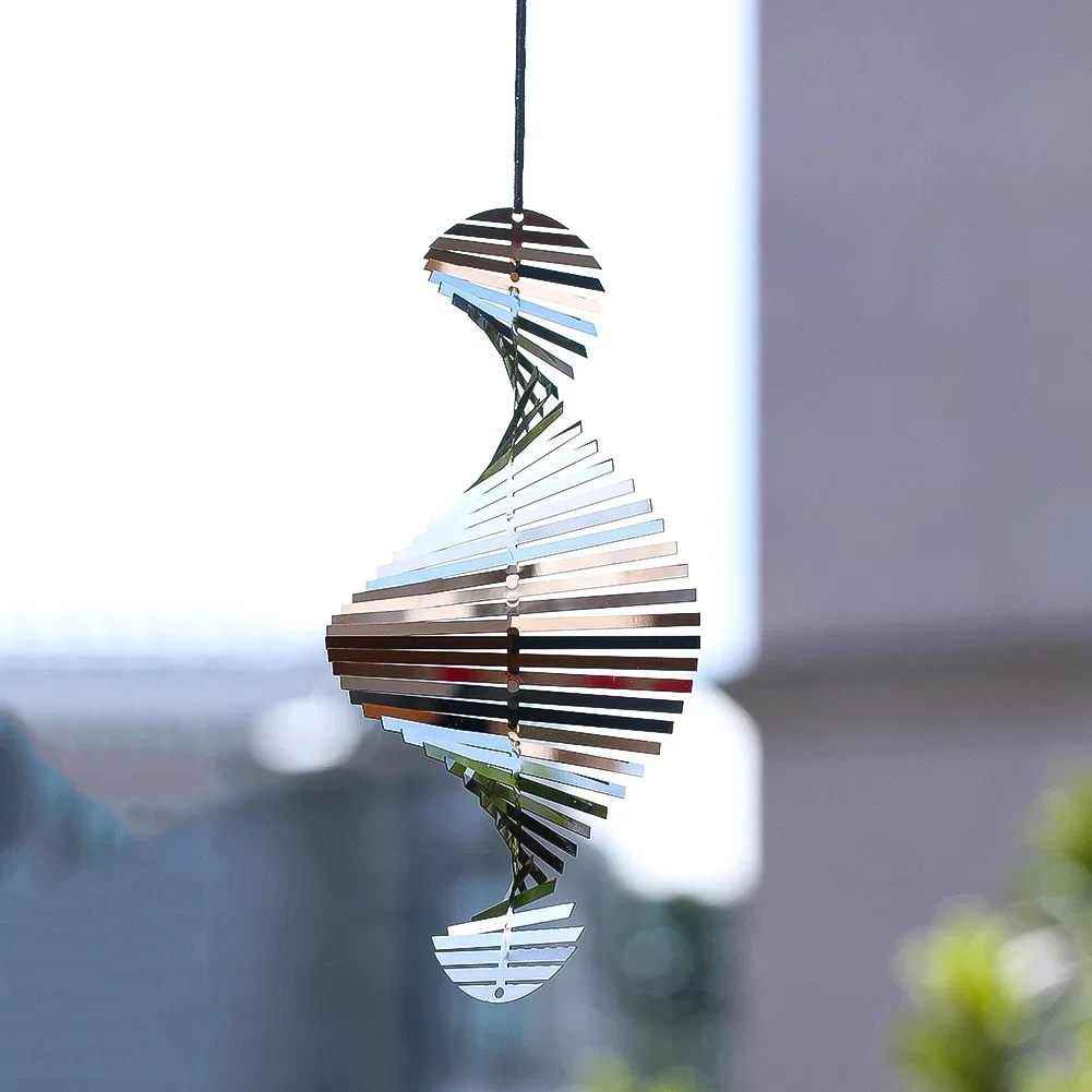 Fishbone Spiral Wind Spinner Catcher Wind Chimes 3D  Whirligig Rotate Silvery Hanging Outdoor Garden Backyard Home Lawn Decor