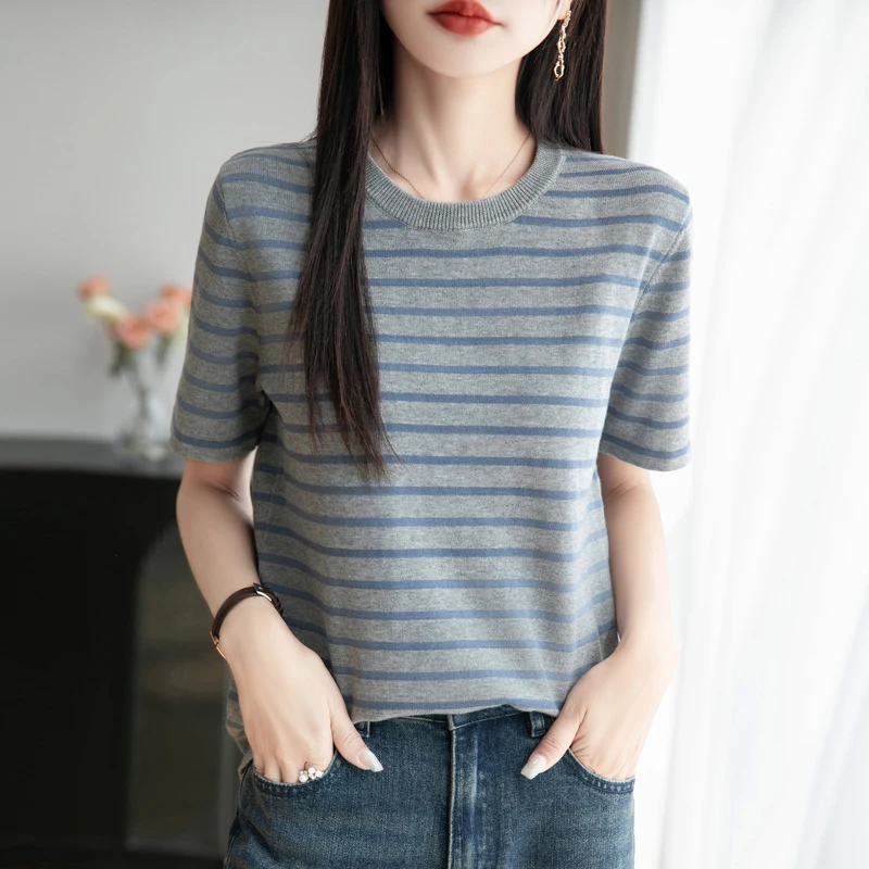 100% Reine Baumwolle Gestreiftes Rundhals-Damen-Kurzarm-Sommer-Neuheit Lockeres Vielseitiges Einfaches Halbarm-Strick-T-Shirt Top