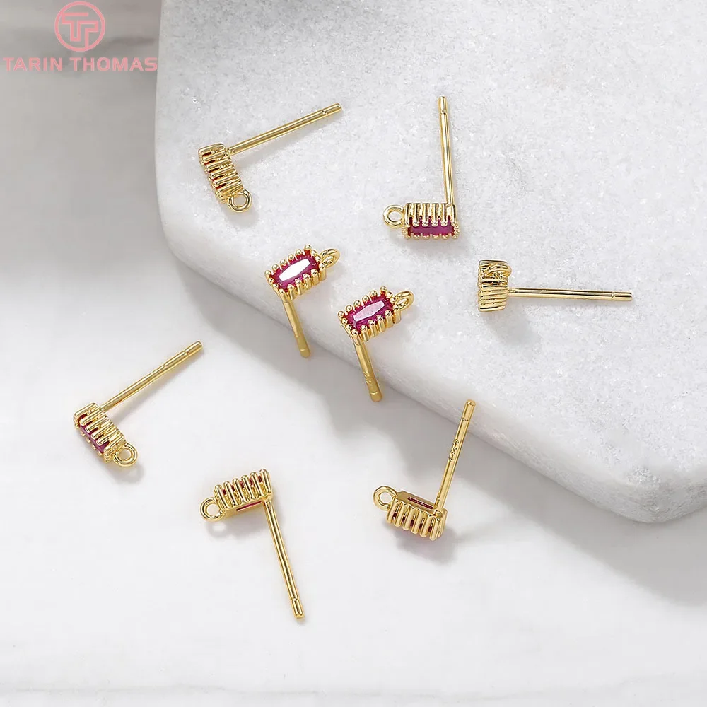 (2279)6 Uds. Pendientes de tuerca de forma rectangular de circón de latón de Color dorado de 24K de 3x7MM accesorios de joyería Diy de alta calidad