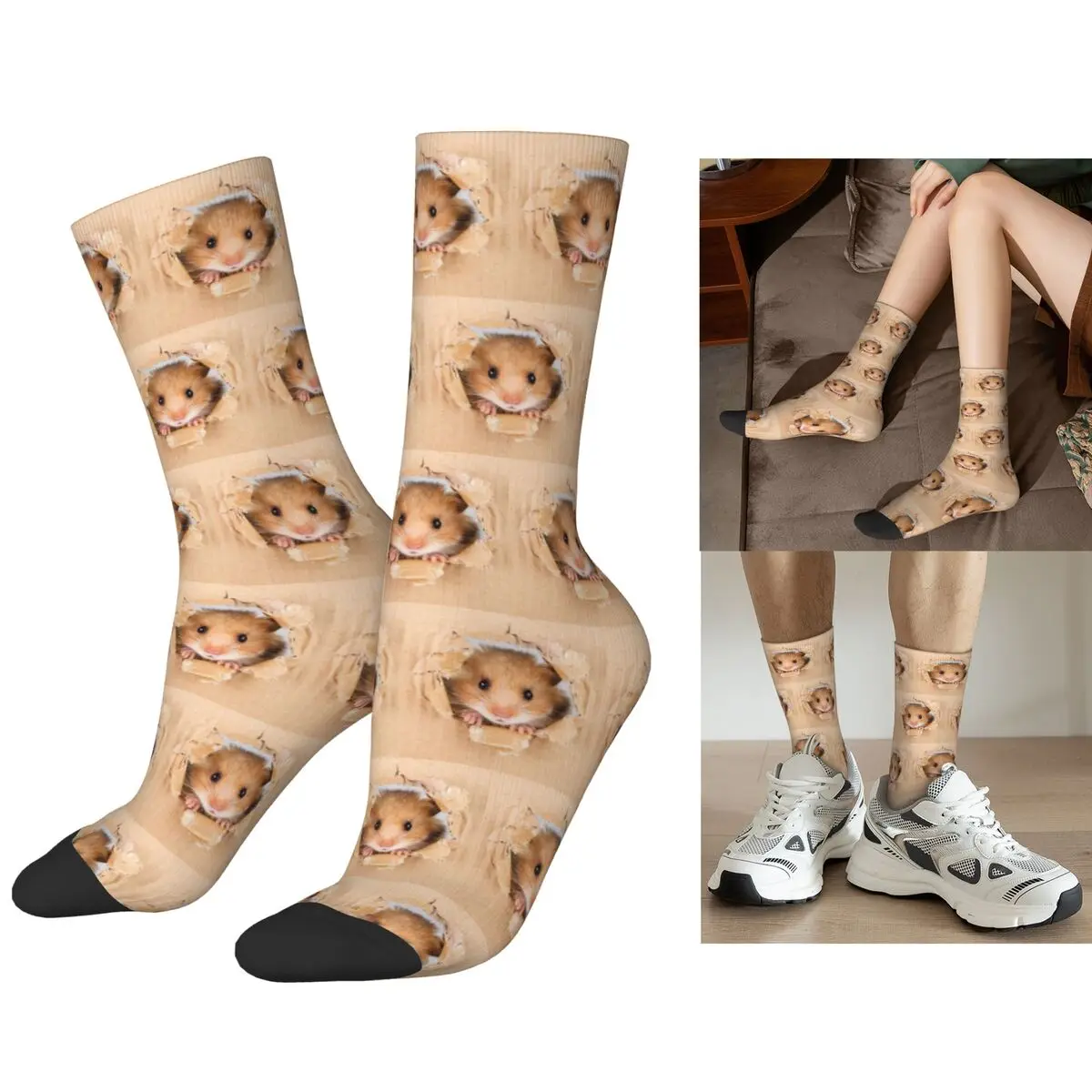 

Cant Breathe Cute Hamster Peeping Through Hole In Brown Cardboard Socks Harajuku Sweat Absorbing Stockings All Season Long Socks