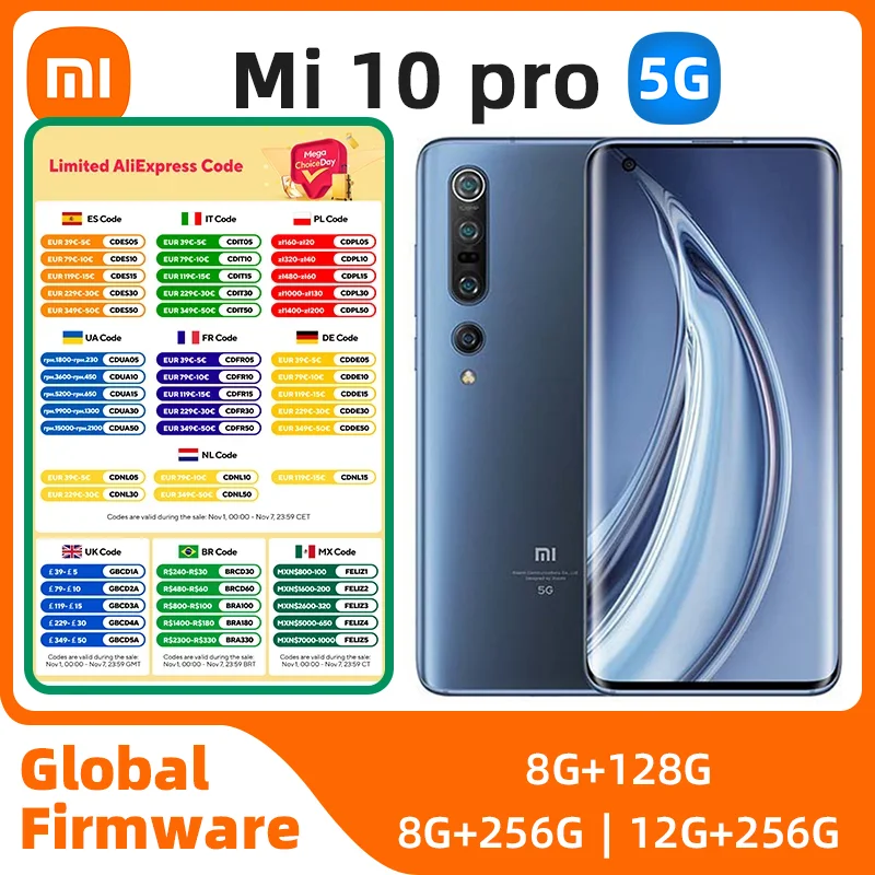 

Xiaomi Mi 10pro Android 5G Unlocked 6.67 inch 12GB RAM 256GB ROM All Colours in Good Condition Original used phone