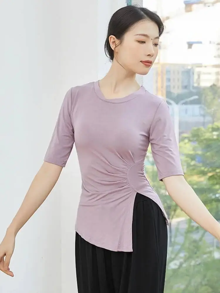 Camicia da ballo con orlo irregolare increspato tinta unita manica lunga slim fit stile classico top da donna allenamento per prove di scena