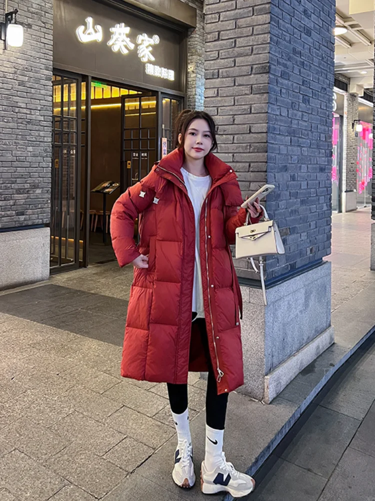 Luxury 90 White Duck Down Jacket Slim Thin Hooded Down Jacket Windproof Cold Warm Design Temperament Elegant Long Women\'s Coats