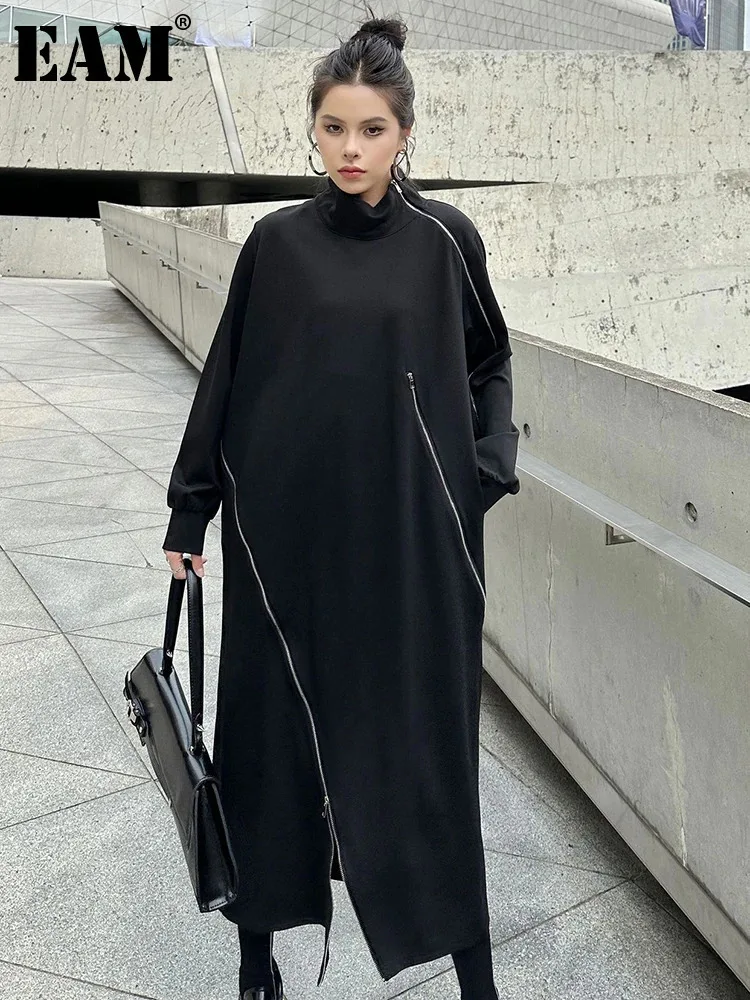 EAM Women Black Zippers Irregular Slit Big Size Dress New Turtleneck Long Sleeve Fashion Tide Spring Autumn 2025 1DH8122