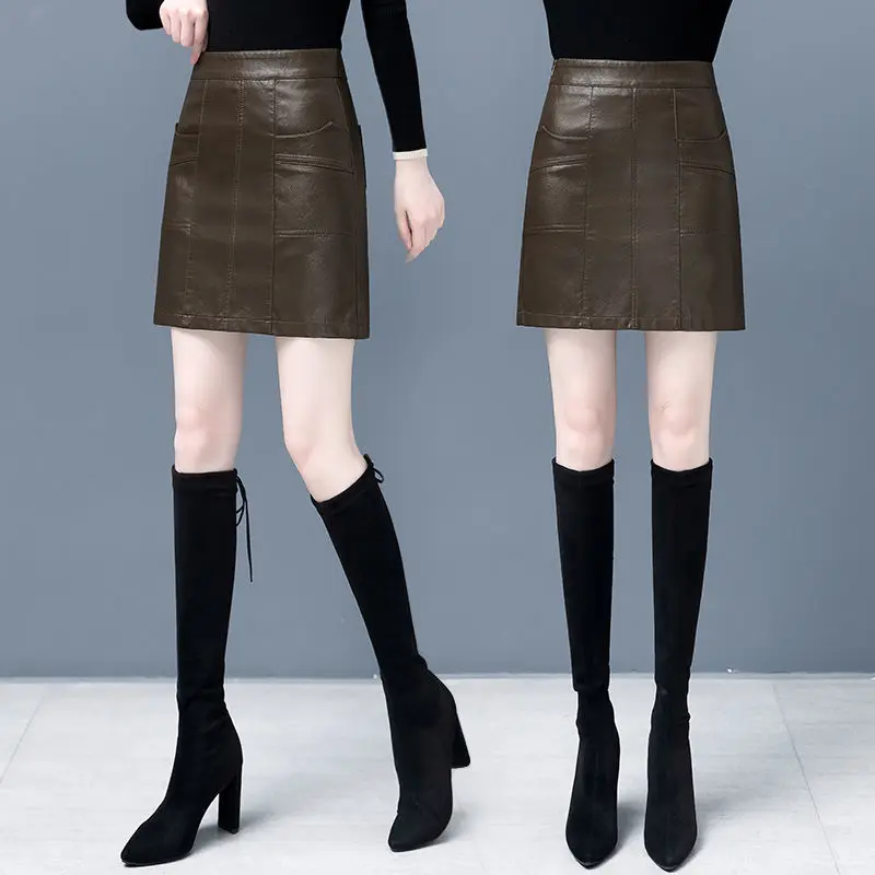 Women Real Leather Night Clubwear Skirts Pure Color PU-leather Zipper Sexy Hip  MIni   Fly Mujer 2024 T774