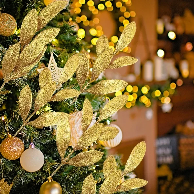 Christmas Glitter Leaves Bay Leaves Artificial Gold Sprays Giltter Stems Christmas Tree DIY Xmas Wreath Garland Home Decoration