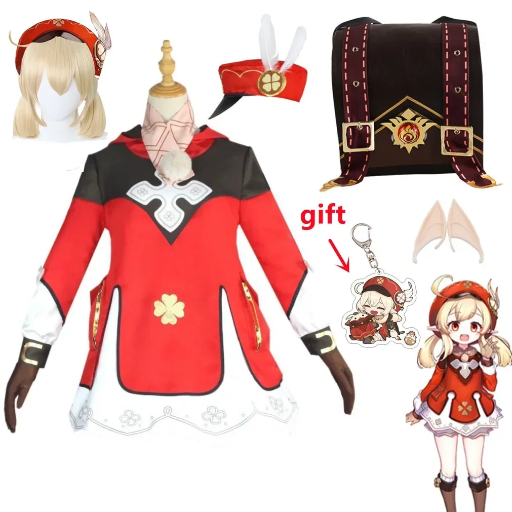 

Game Klee Cosplay Costume Game Genshin Impact Woman Halloween Carnival Red Dress Loli Hat Ears Wig Knapsack Full Set Props