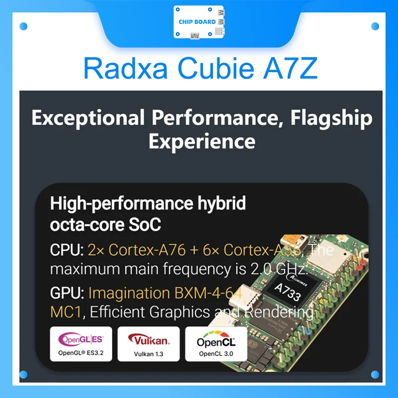 Radxa Cubie A7Z board with Allwinner octa-core CPU, dual-screen display, and integrated RISC-V co-controller
