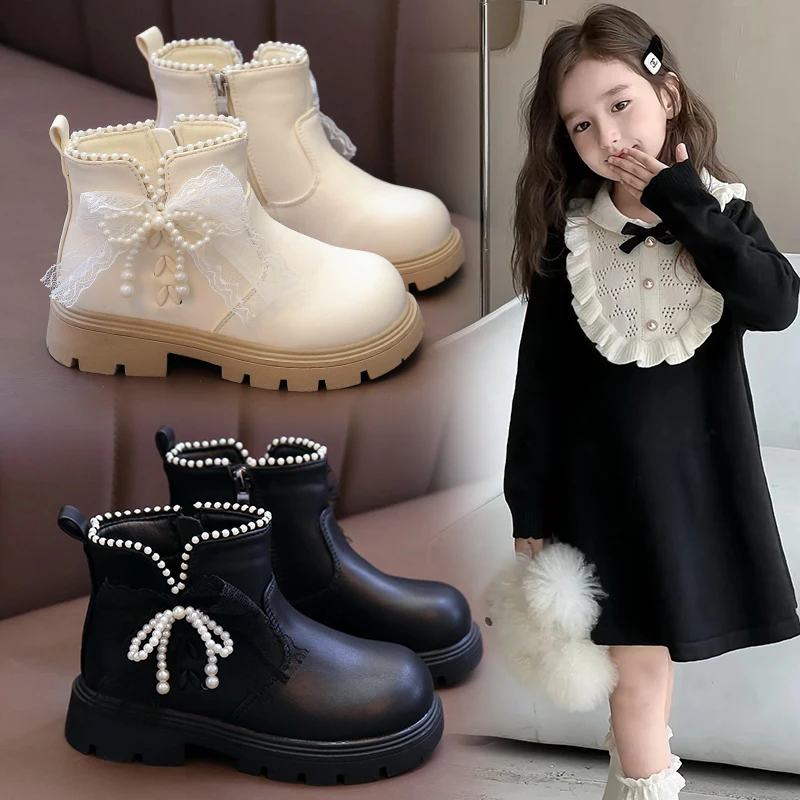 

2025 New Autumn Princess Leather Boots for Girls Style Kids Ankle Boots with Beaded Bow Soft Sole Classic Ankle Boots
