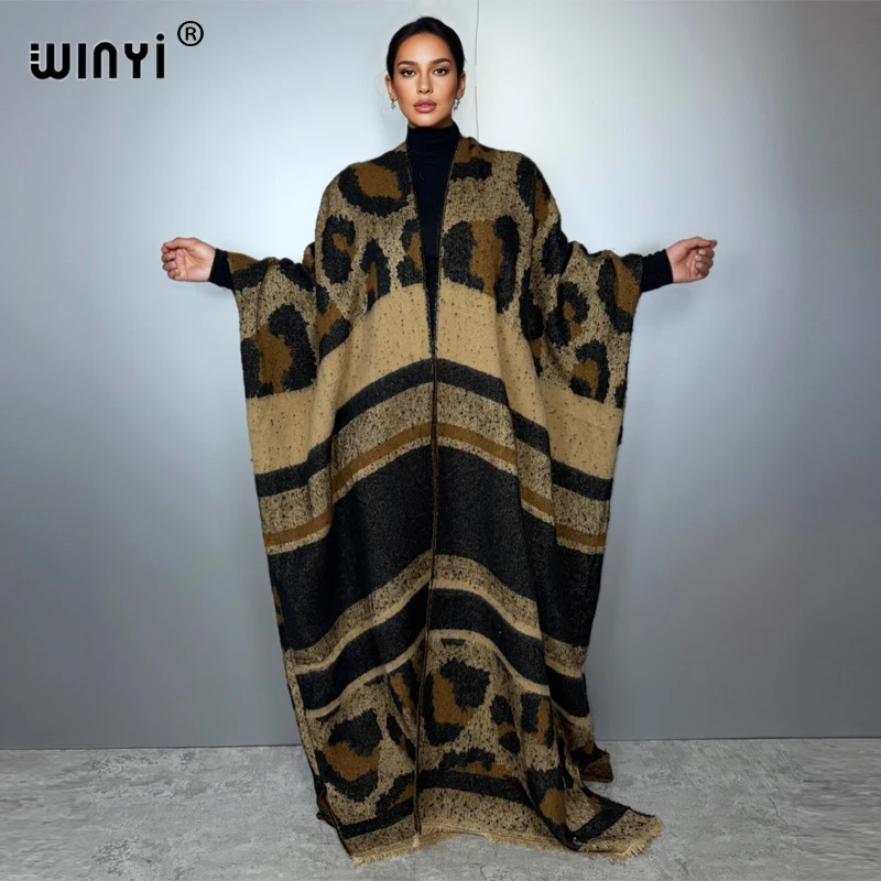 

WINYI winter cardigan Africa leopard print women loose Warm kimono long down coat Middle East fashion abaya holiday poncho dress