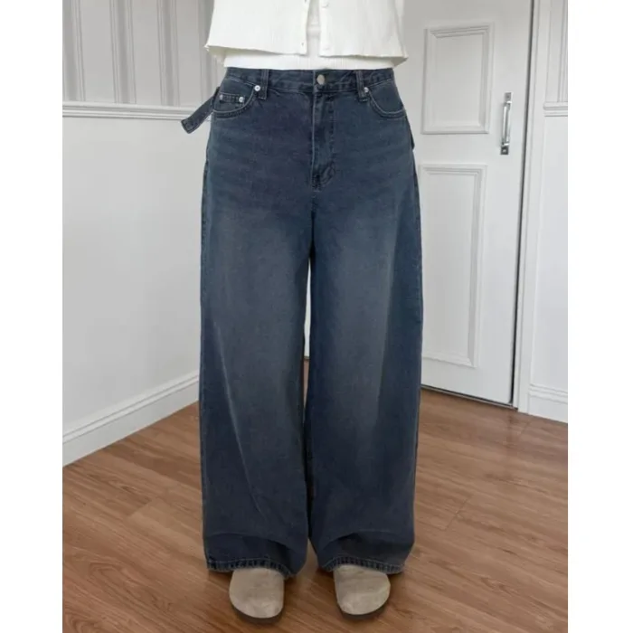 

Casual Loose Jeans Metal Buckle Versatile Fashionable Lazy Style High Waist Asymmetric Washed Cotton Blend Spring Collection
