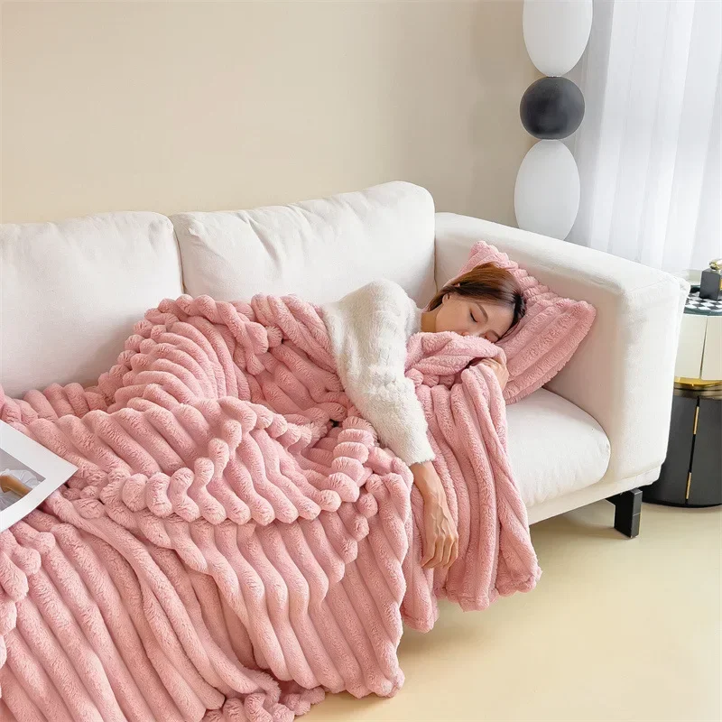 

Nordic Solid Thickened Imitation Rabbit Fur Plush Sofa Blanket Warm Flannel Pink Throw Milk Cover Blanket TV Blankets Decorative