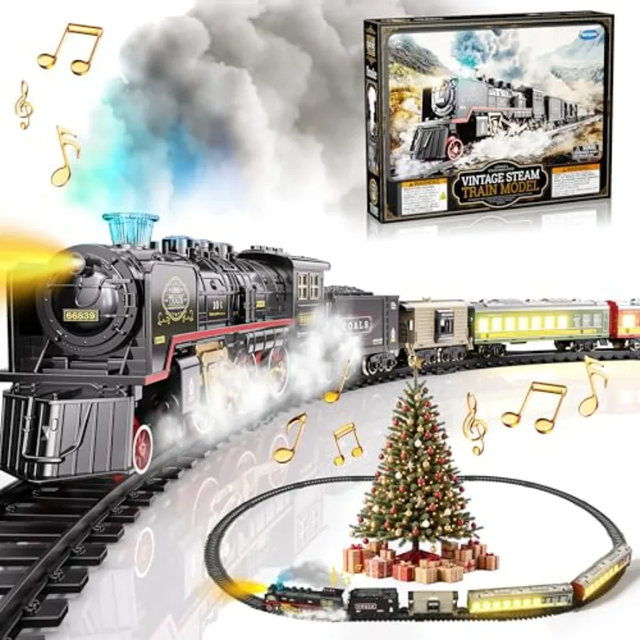 Electric steam train set for Christmas tree display: metal and plastic, red and green, with glowing carriages, realistic smoke,