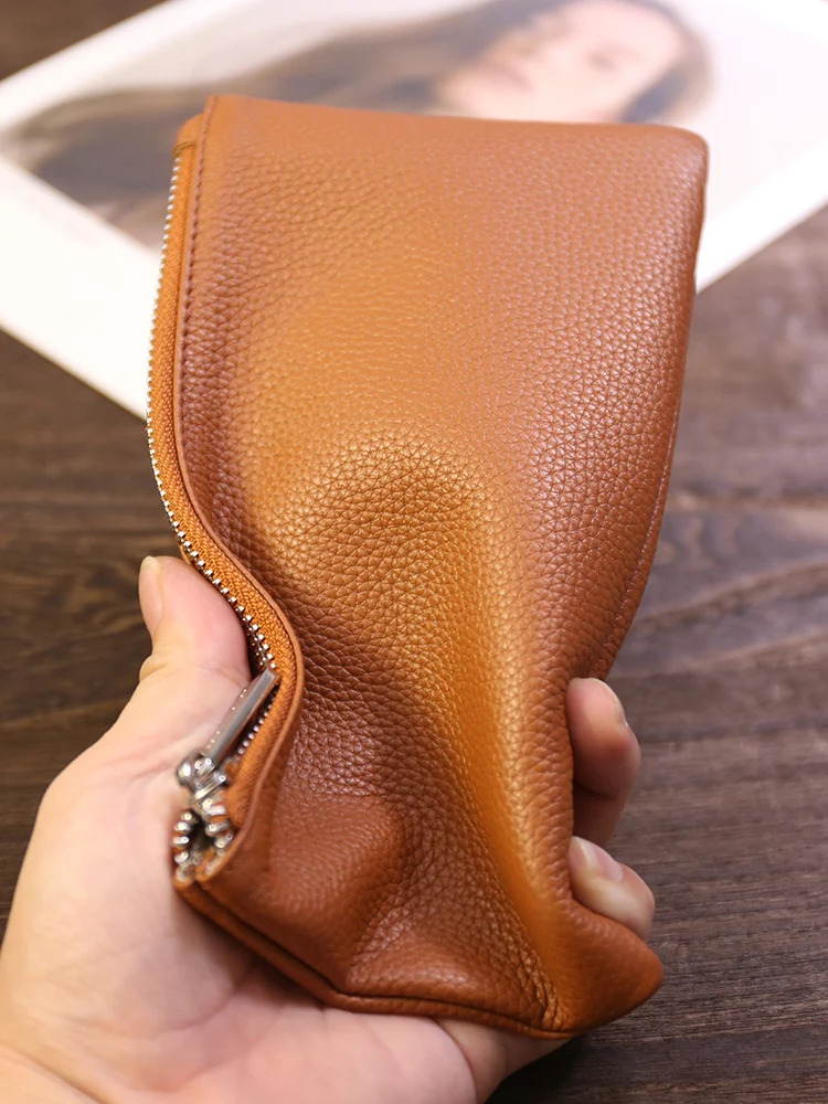 Genuine Leather Wallet Zipper Long Large Capacity Phone Card Money Clip Coin Purse Solid Color Litchi Pattern  Clutch Bag