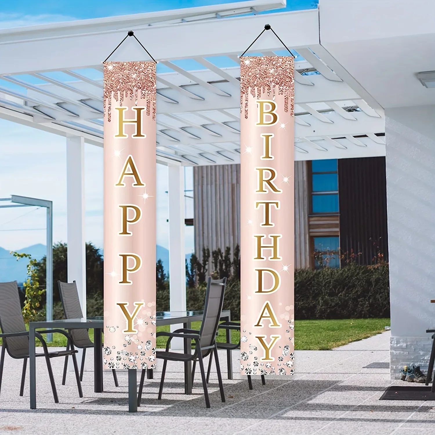 1 Bannière de porte Joyeux Anniversaire rose doré - Articles de décoration pour entrée de fête d'anniversaire, pour filles