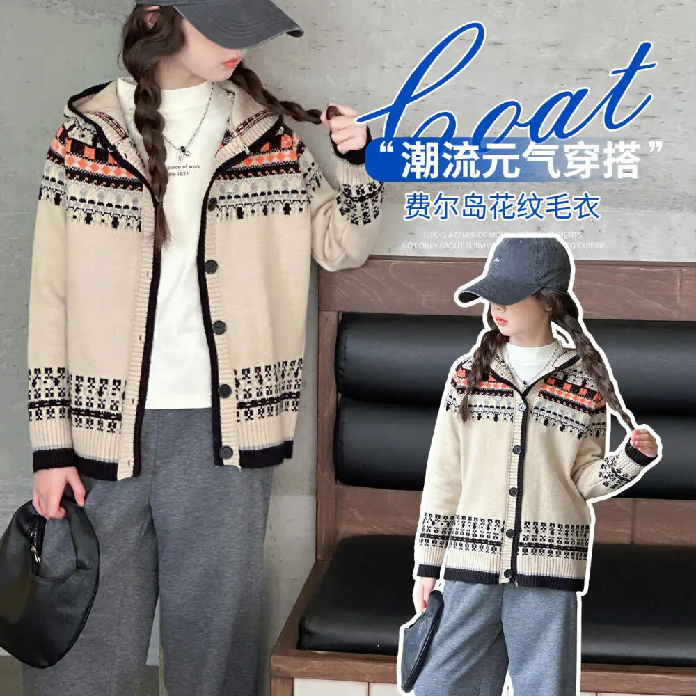 

Kawaii Girl Fashion Hooded Cardigan Sweater Jacket Student Spring Autumn Cartoon Casual Knitwear Tops Coat Children's Clothing