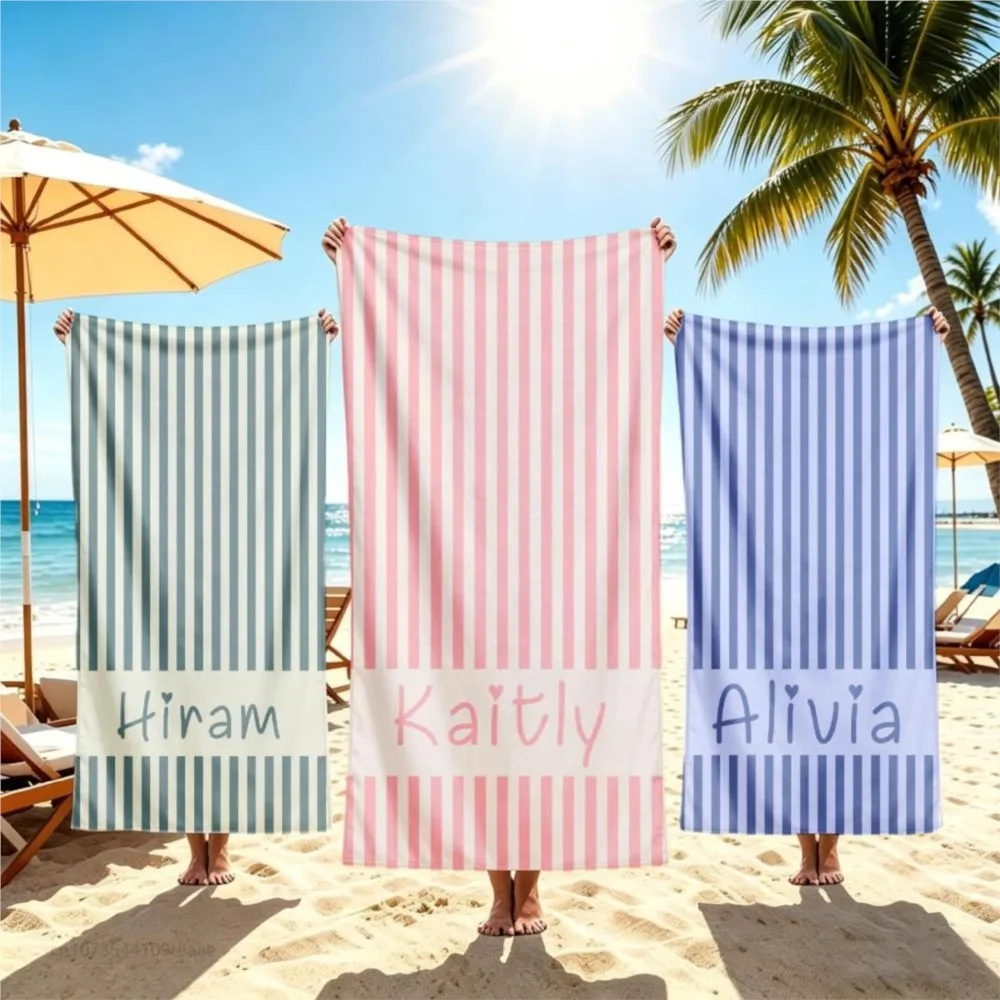 Personalized Striped Beach Towel Custom Name/Text Oversized Microfiber Towel Summer Party Gift for Beach Swimming Bath Sports