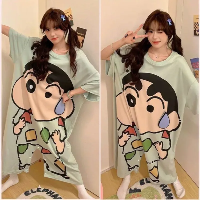 

Cartoon Crayon Shin-Chan Jumpsuit Women's Summer Thin Casual Loose Short Sleeved Girls Plus Size Nightdress Homewear Chubby Girl