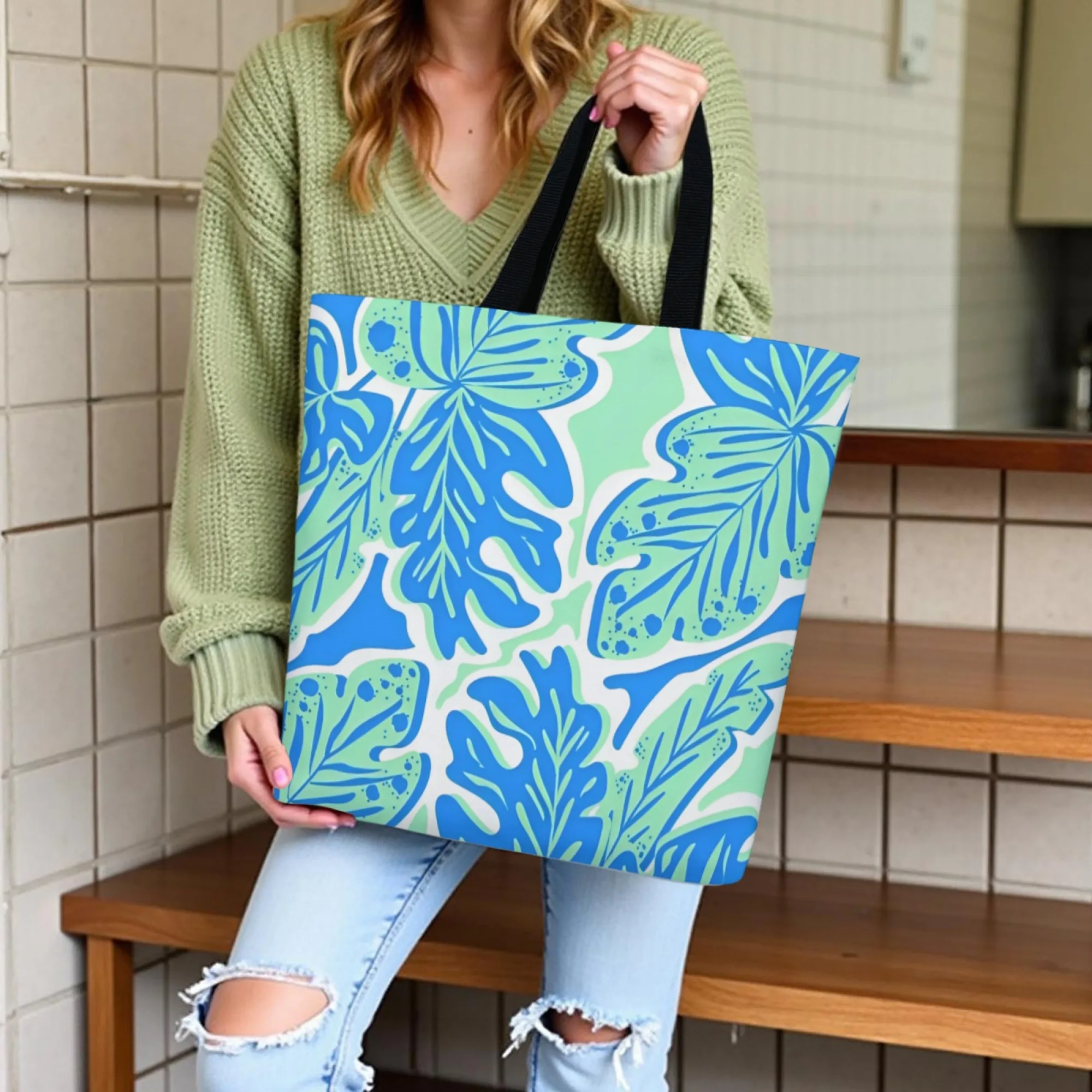

Сумка-тоут из холста с абстрактным тропическим узором в виде листьев, сине-зеленая, в стиле натурального расслабленного островного отдыха, прочная сумка через плечо для путешествий