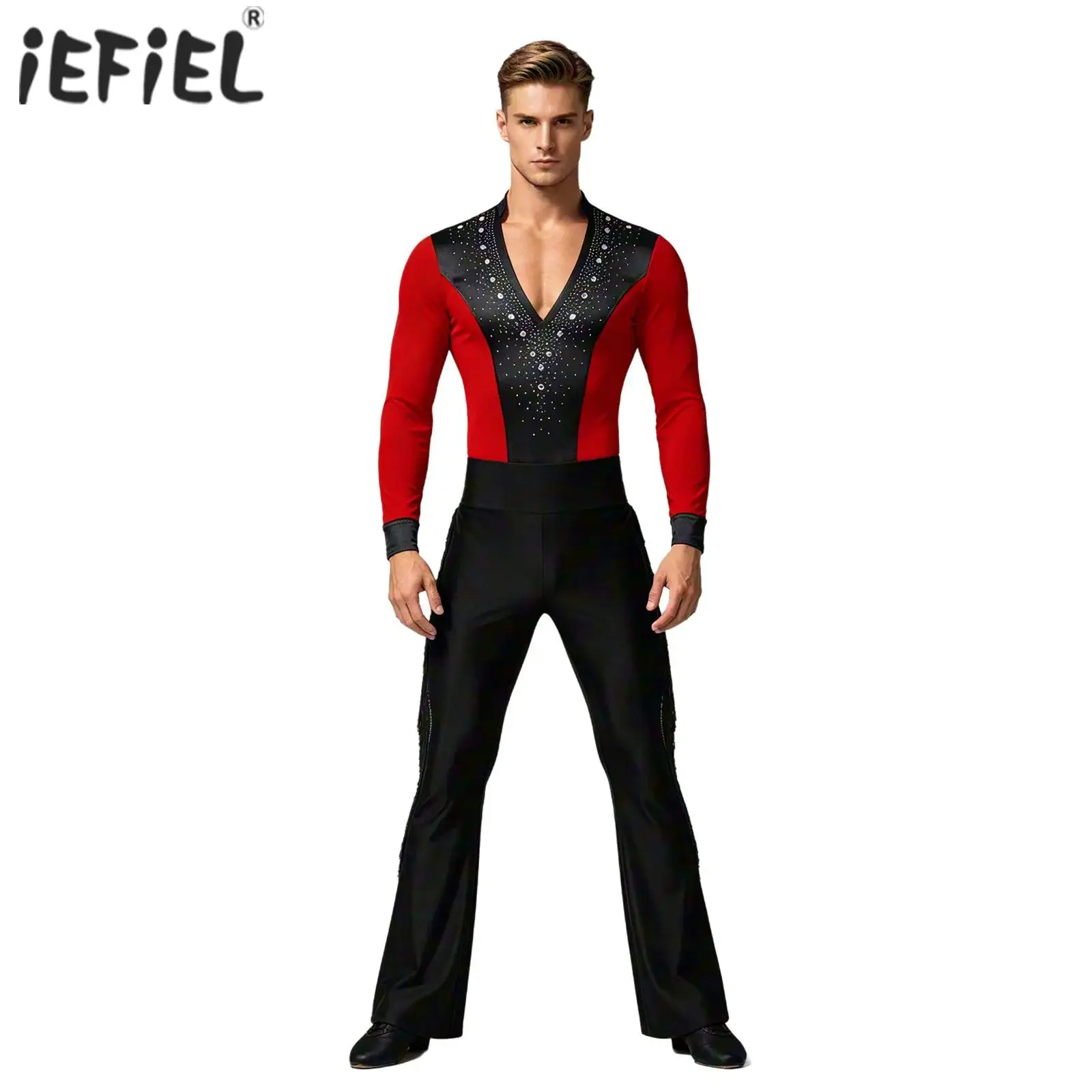 Herren Glitzer-Strass Leotard Satin-Bodysuit mit Quasten-Flare-Hose für Lateinamerikanischen Tanz, Eiskunstlauf und Performance-Kostüme