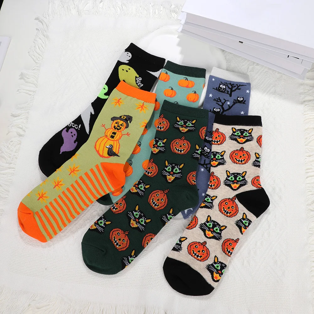 Calcetines de algodón con estampado de calabaza para mujer, medias de tubo medio, divertidas y creativas, cálidas para Halloween e invierno, regalos Unisex