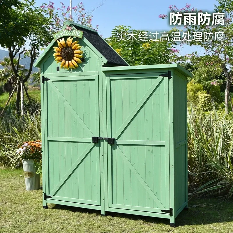 Outdoor Storage Cabinet Waterproof Sunscreen Solid Wood Double Door Garden Courtyard Balcony Tool Sundries Organizer